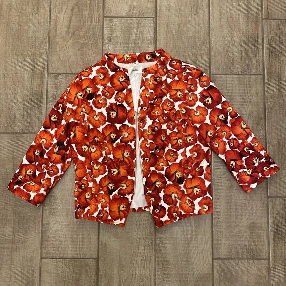 Neiman Marcus Jacket 12 Red Poppy Flowers Artsy Floral 3/4 Sleeve Lined Short - Picture 1 of 12